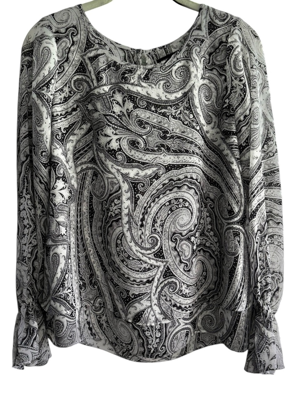 WHBM Paisley Chiffon Blouse Long Sleeve Black White Size 2